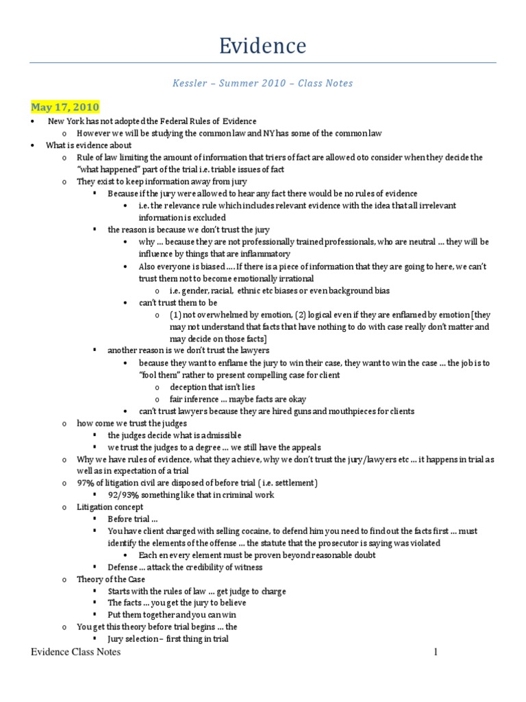 New York Evidence Law Class Notes | PDF | Evidence (Law) | Witness