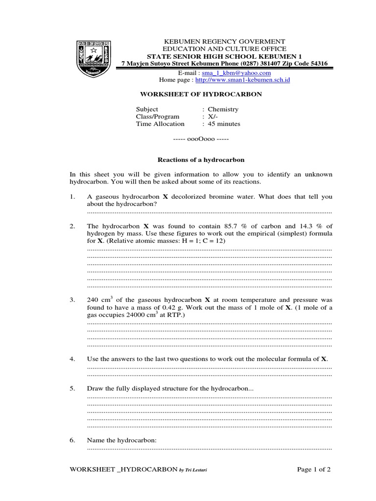 Worksheet Reaction of Hydrocarbon