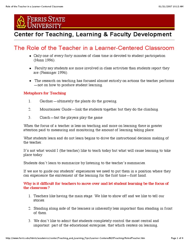 Role of the Teacher in a LearnerCentered Classroom Teachers Classroom
