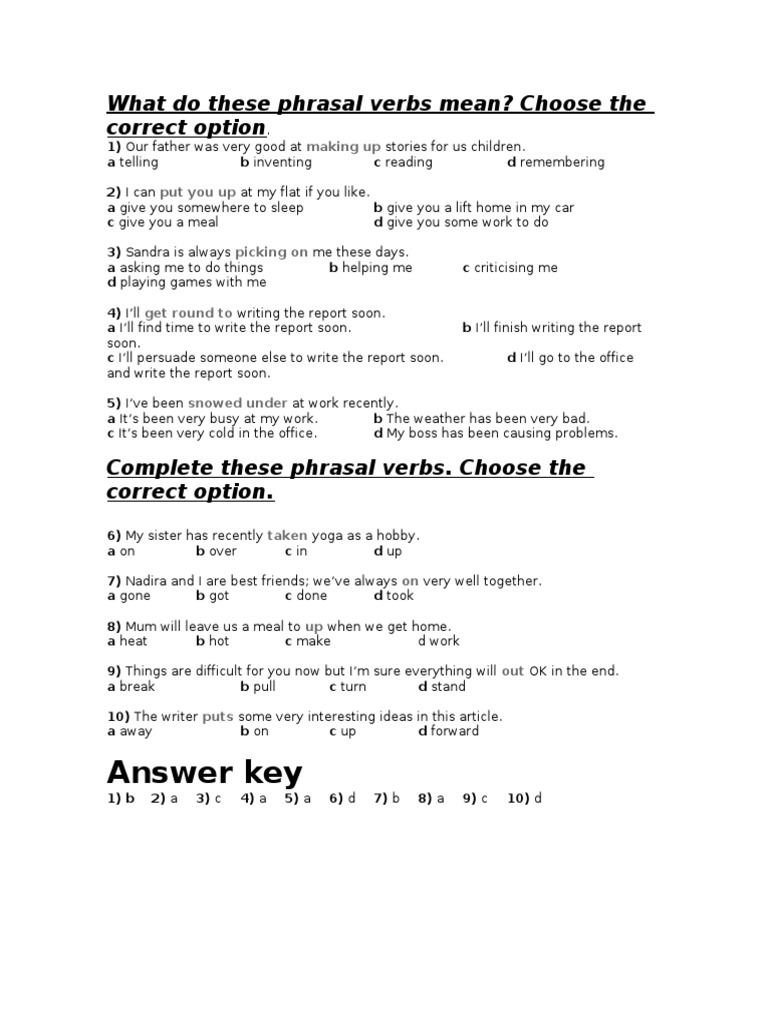 Phrasal Verbs Quiz with Answers | PDF | Language Arts & Discipline ...
