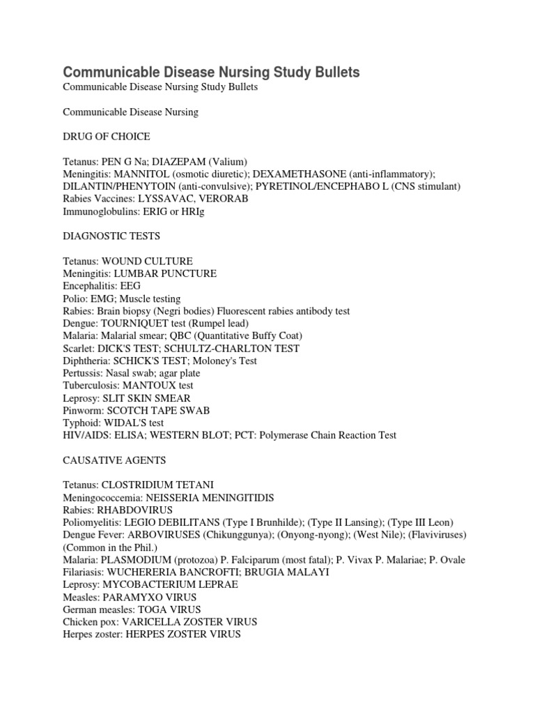 Communicable Disease Nursing Study Bullets | PDF
