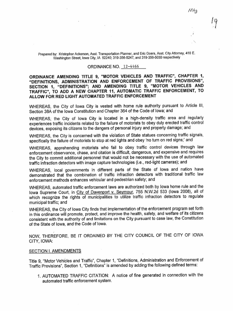 Iowa City ORDINANCE NO. 124466 Traffic Light Traffic