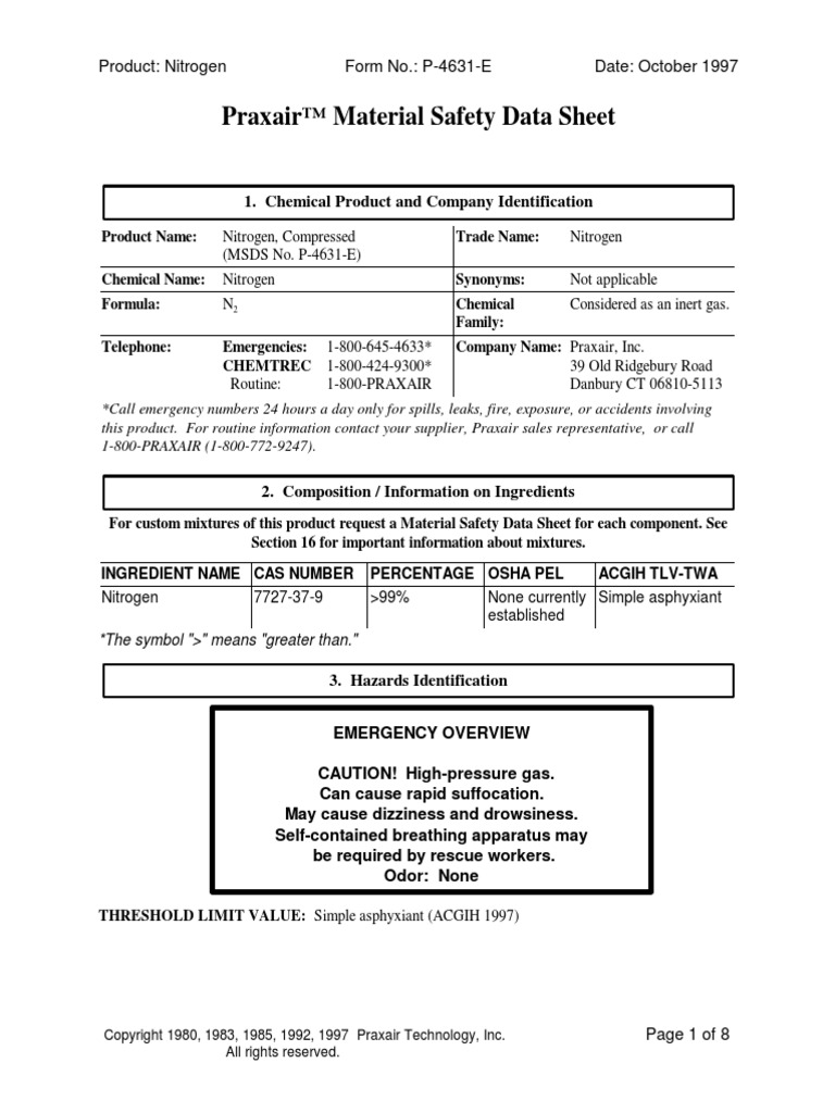 MSDS Nitrogen (Praxair) PDF Dangerous Goods Superfund