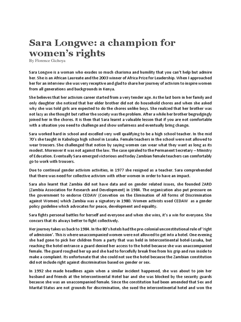 Sara Longwe: A Lifelong Champion for Women's Rights in Africa | PDF ...
