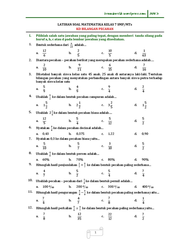Contoh Soal Matematika Pecahan