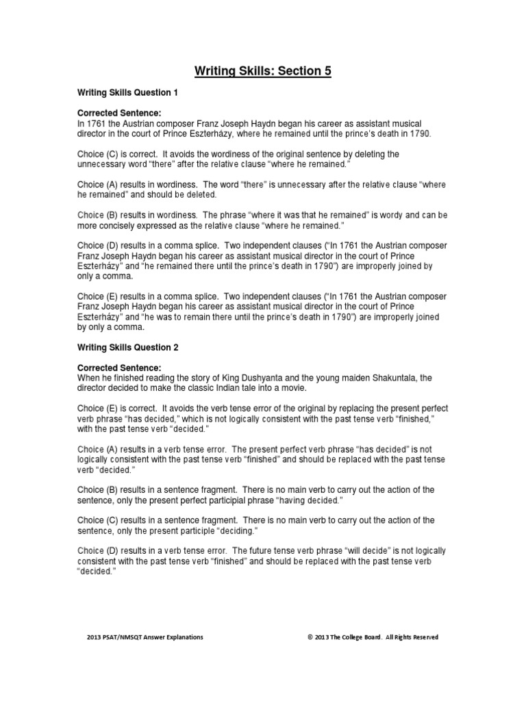 PSAT Writing Skills Section5 2013-ANSWERS | PDF | Verb | Grammatical Number