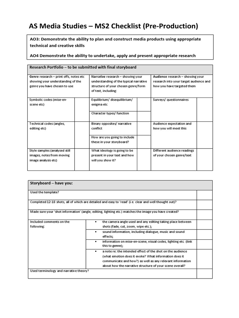 MS2 Pre-Production Checklist Guide | PDF | Genre | Narrative