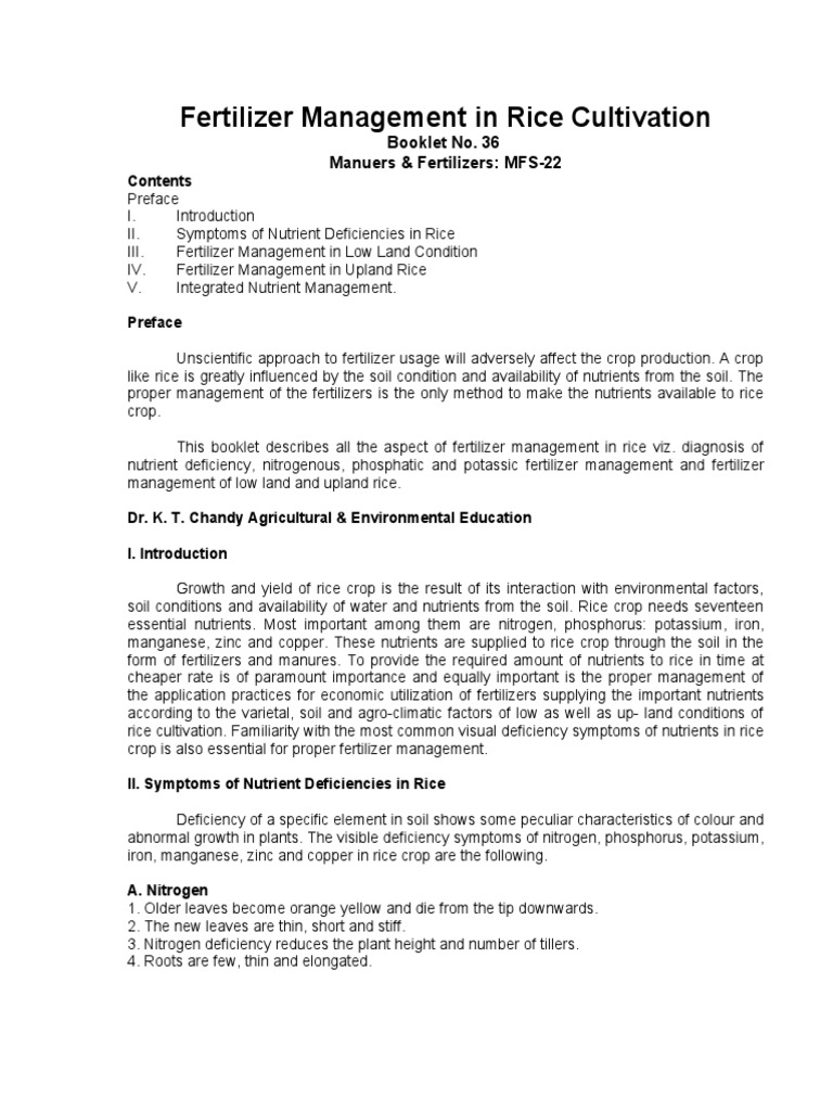 Fertilizer Management in Rice Cultivation | PDF | Fertilizer | Rice