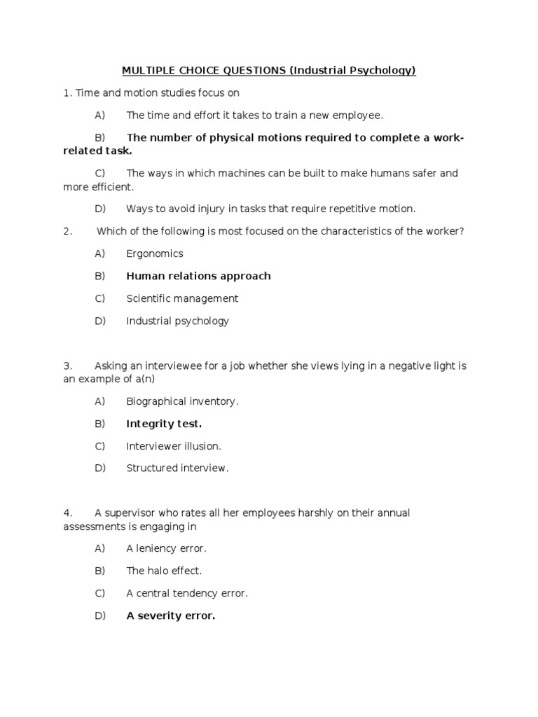 Multiple Choice Questions Industrial And Organizational Psychology