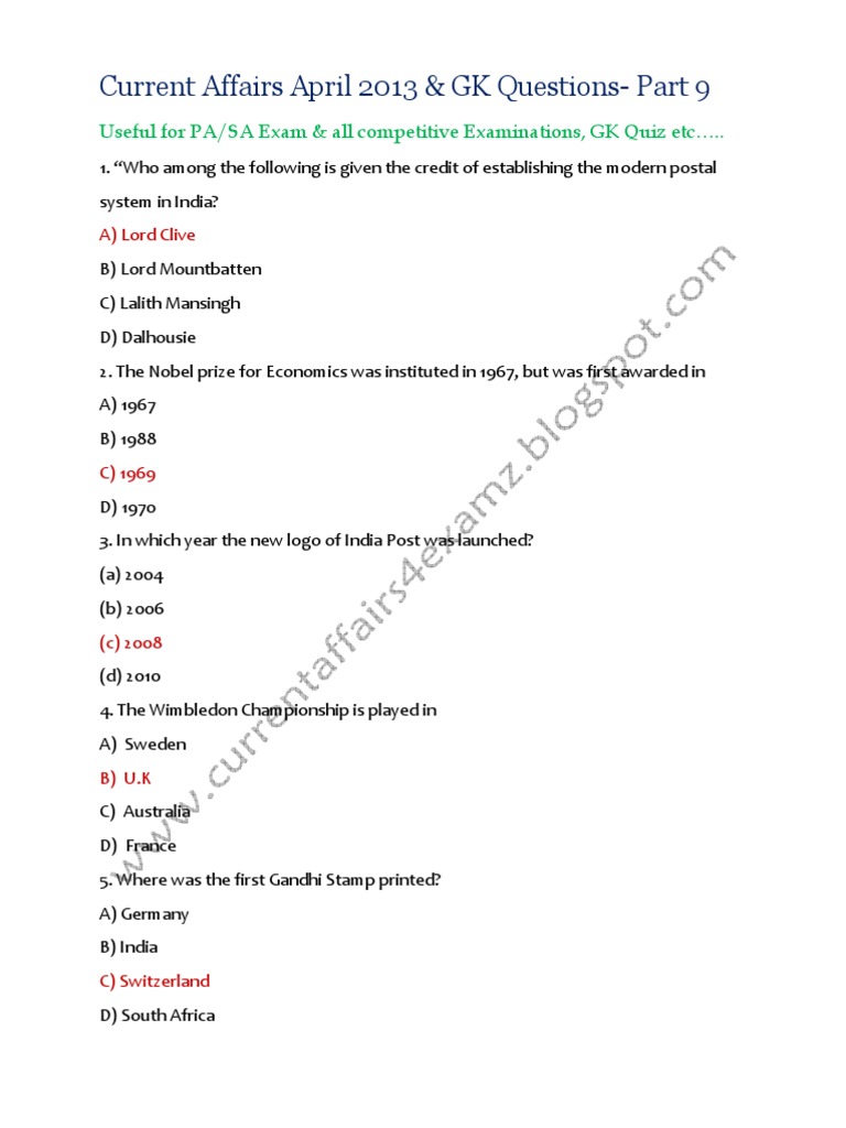 Current Affairs April 2013 & GK Questions-Part 9: Useful For PA/SA Exam ...
