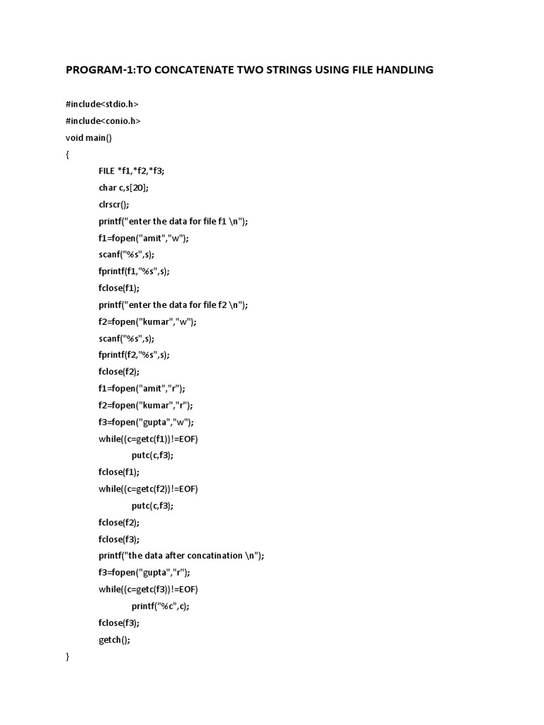 Program-1:To Concatenate Two Strings Using File Handling | PDF