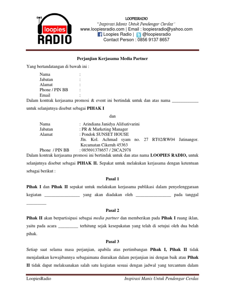 Contoh Surat Perjanjian Kerjasama Partnership - Contoh Surat Perjanjian