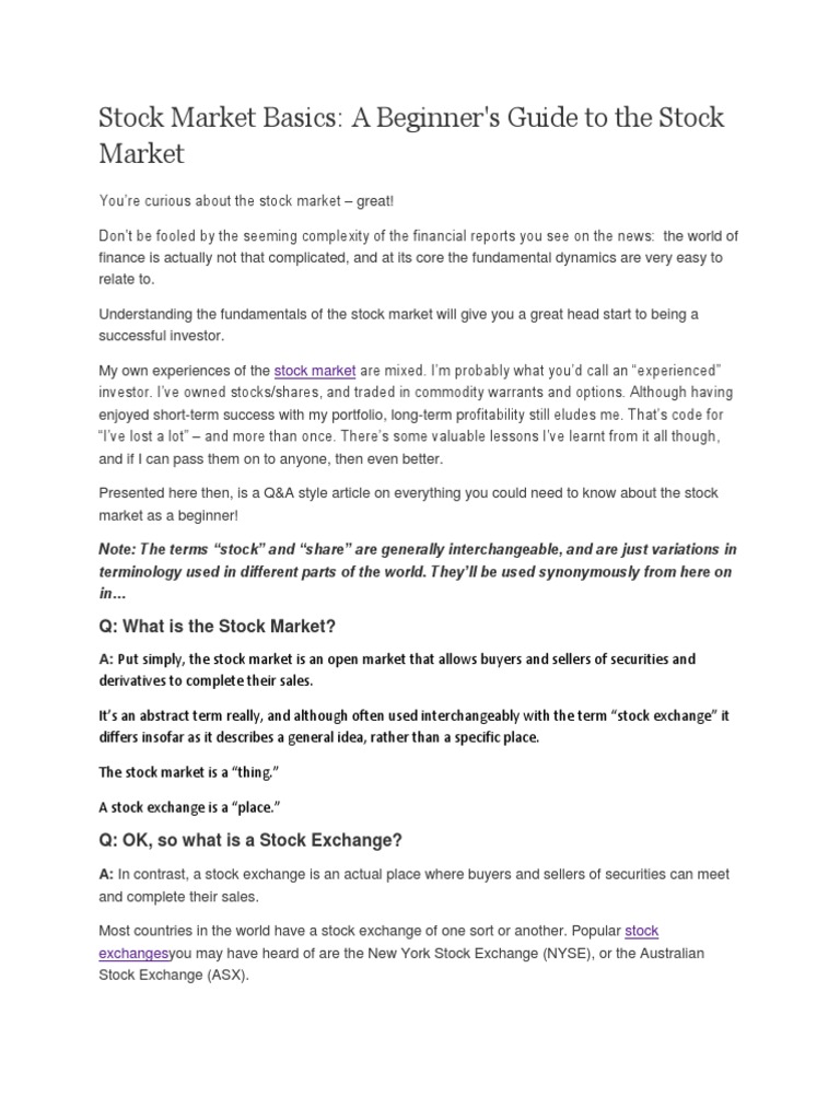 Stock Market Basics A Beginner's Guide To The Stock Market PDF