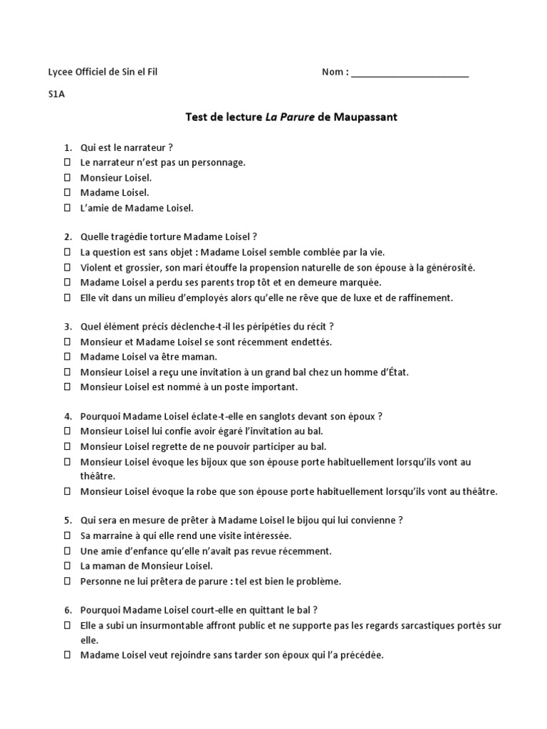 La Parure Questionnaire De Lecture QCM La Parure | PDF