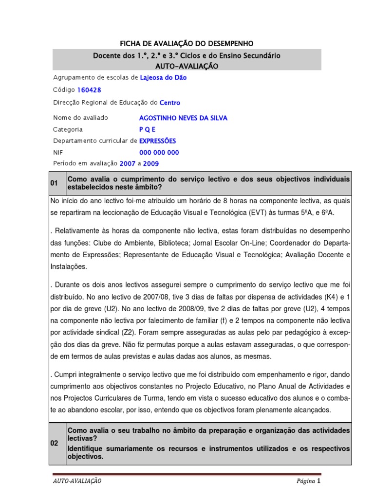 Relatório de Auto-avaliação | Desenvolvimento profissional | Pedagogia
