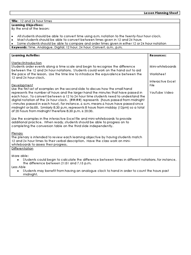 Time Lesson Plan Clock Time