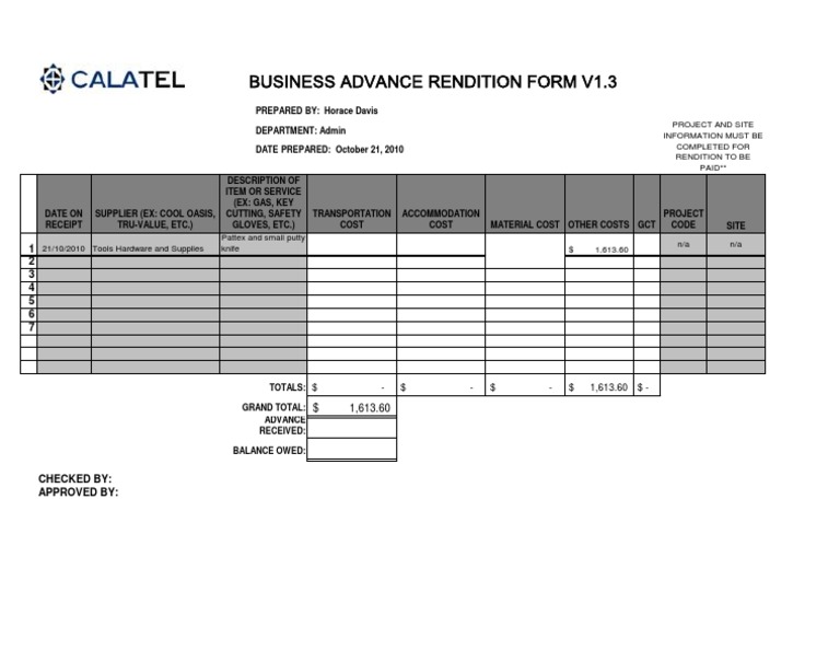 Business Advance Rendition Form V1.3 | PDF