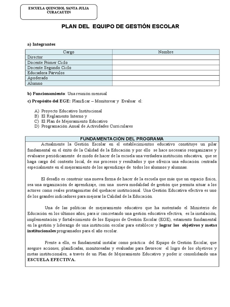 Plan Del Equipo de Gestión Escolar | PDF | Plan de estudios | Evaluación