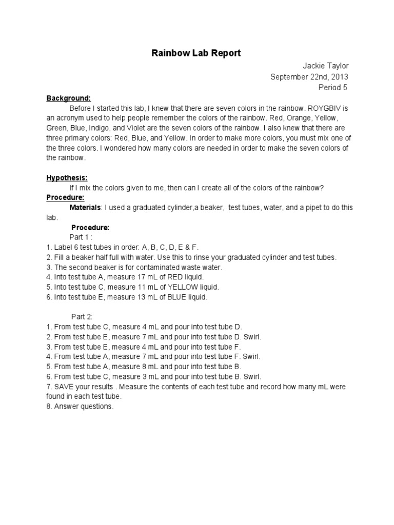 Rainbow Color Mixing Lab Results | PDF | Yellow | Color