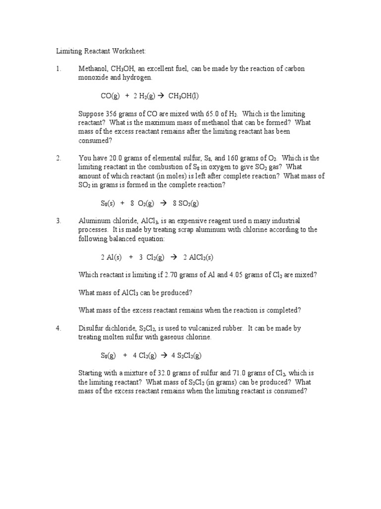 Limiting Reactant Worksheet 4 | PDF