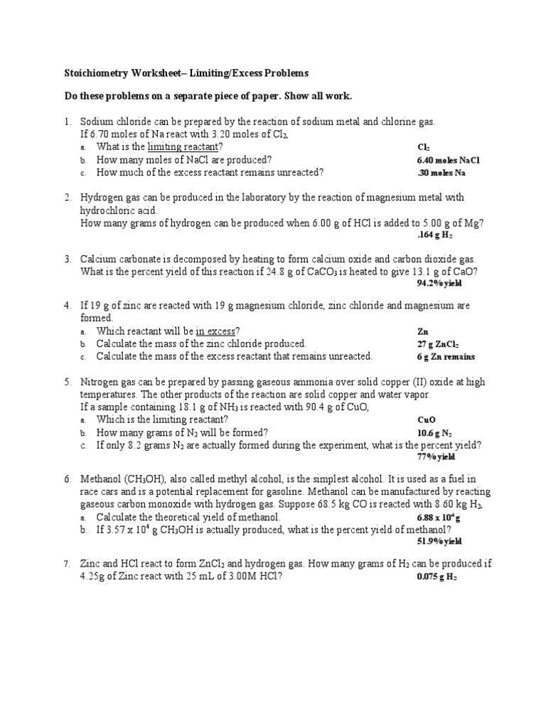 Stoichiometry Worksheetexcess | PDF | Chlorine | Methanol
