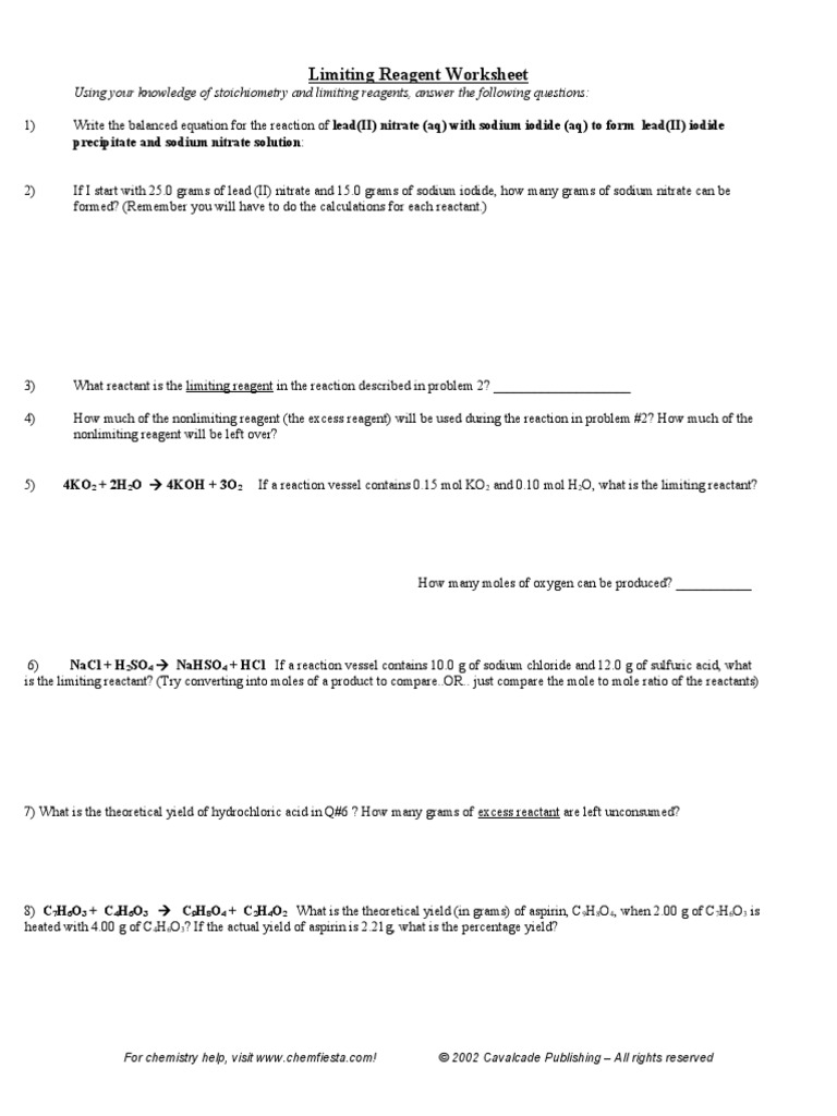 Limiting Reagent Worksheet Stoichiometry Atoms