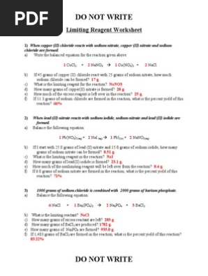 Limiting Reagent Worksheet Answers Chemical Reactions Sodium