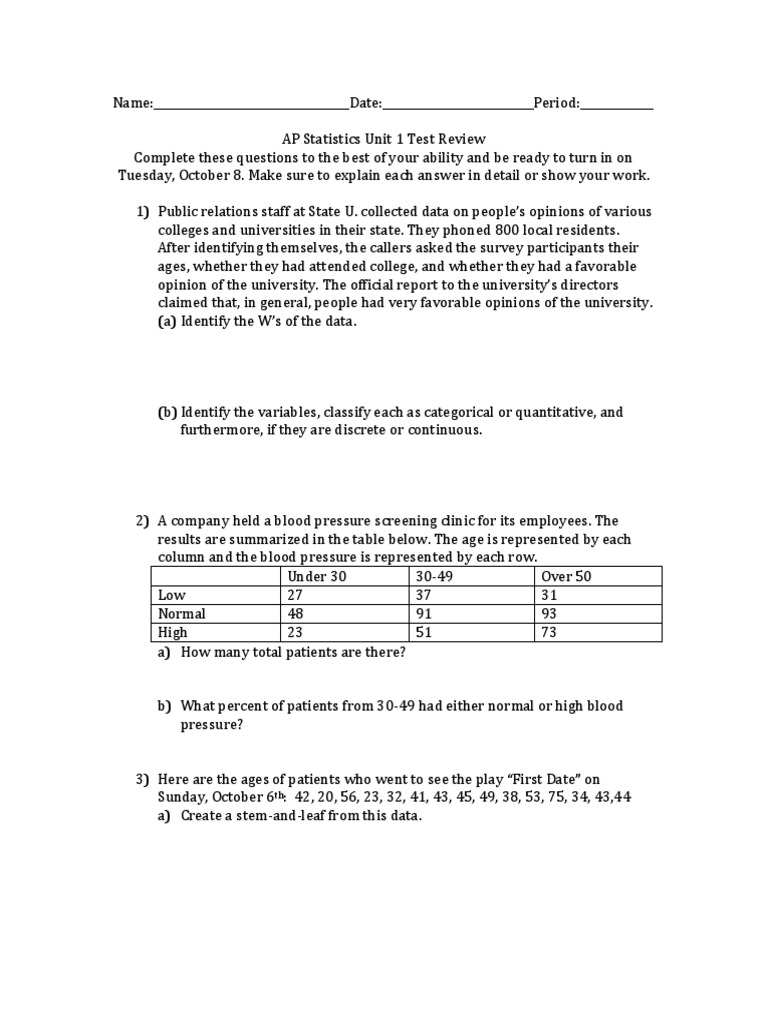 Ap Statistics Unit 1 Review | PDF