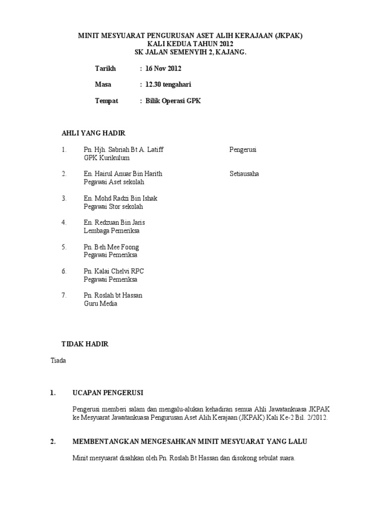 Minit Mesyuarat Aset Sekolah Kali Ke 2 Bil 2 2012 Pdf
