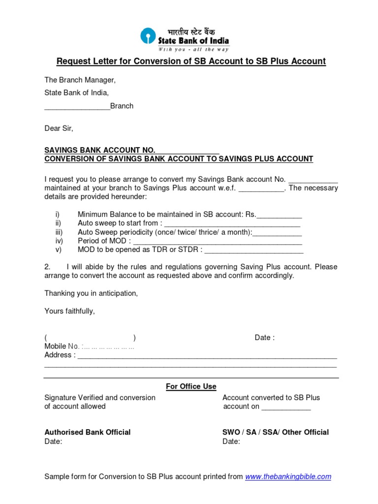 Request Letter For Conversion Of Account To Savings Plus Account
