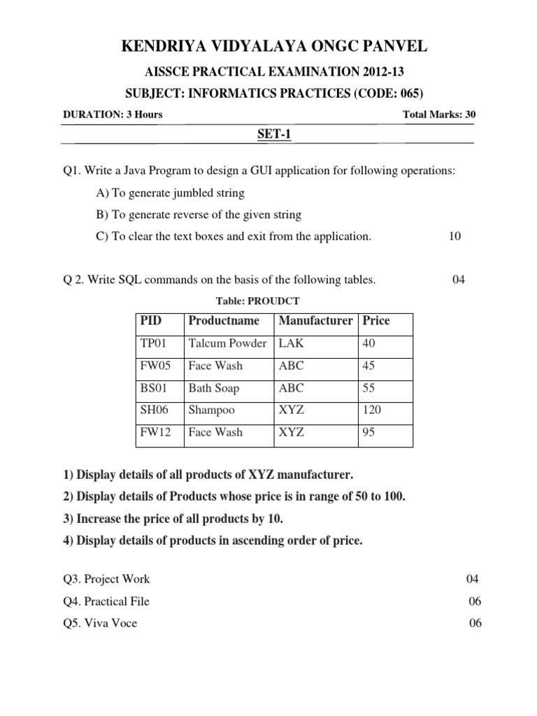 AISSCE Informatics Practices Exam 2012-13 | PDF | Technology & Engineering
