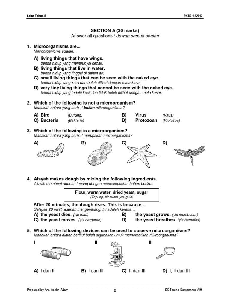 Soalan Sains Tahun 5  Ujian 1