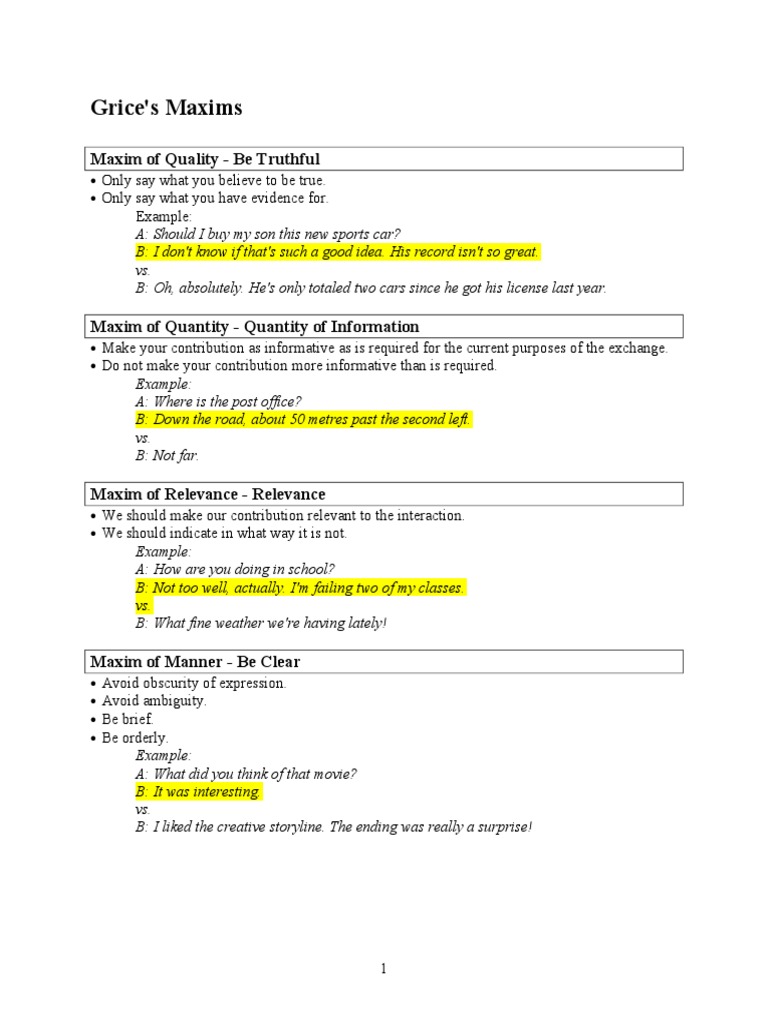 Pragmatics - Traductology - Gricean Maxims | PDF | Linguistics ...