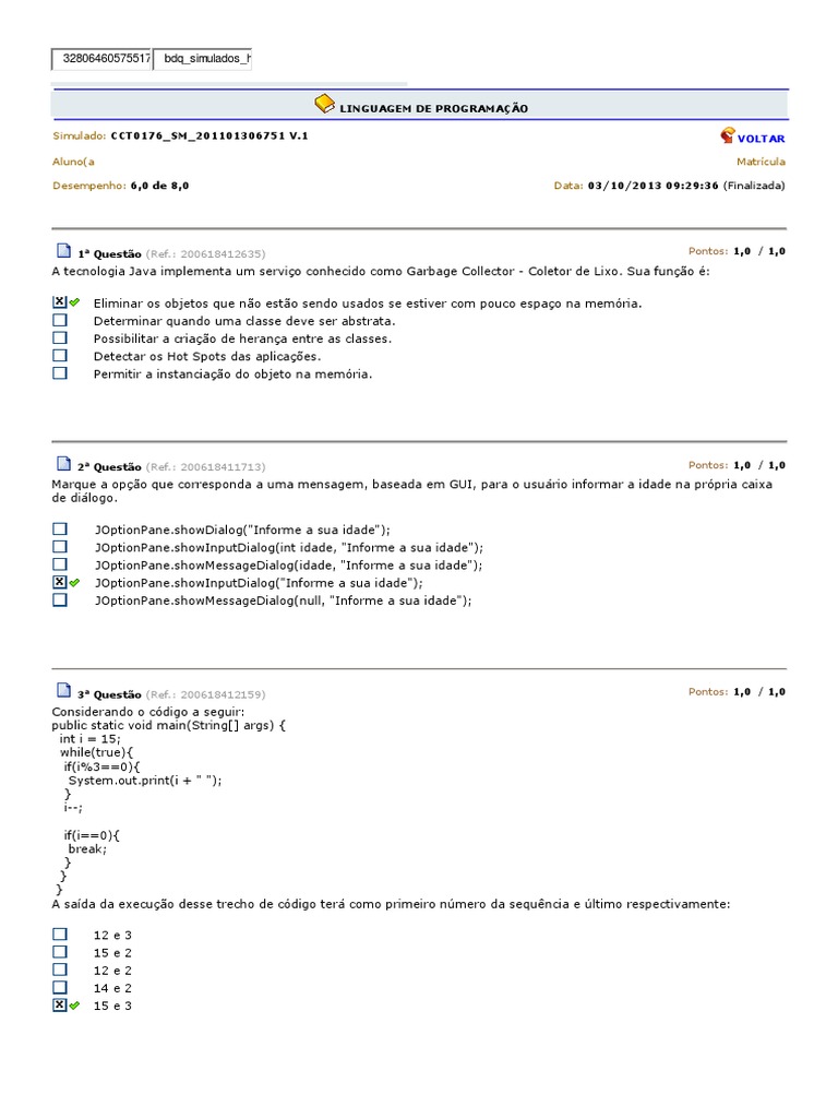 LINGUAGEM DE PROGRAMAÇÃO Simulado 1 | PDF | Java (linguagem de ...