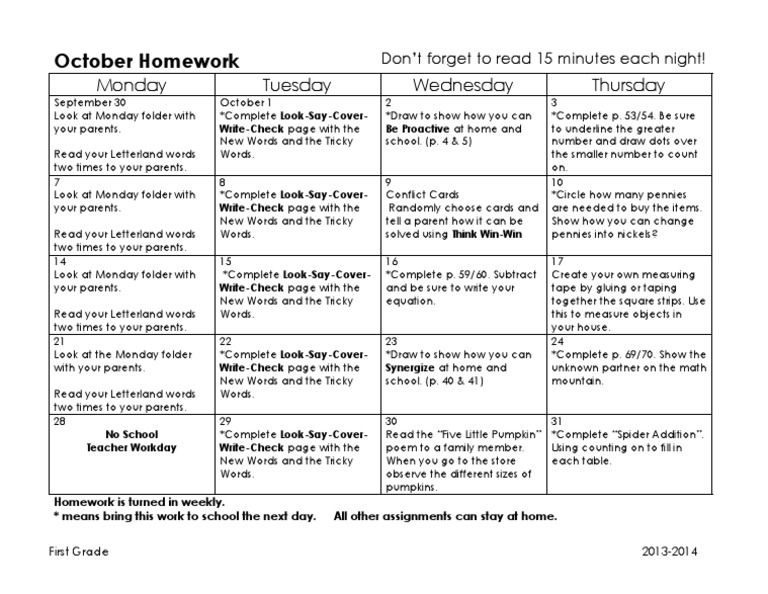October Homework: Monday Tuesday Wednesday Thursday | PDF