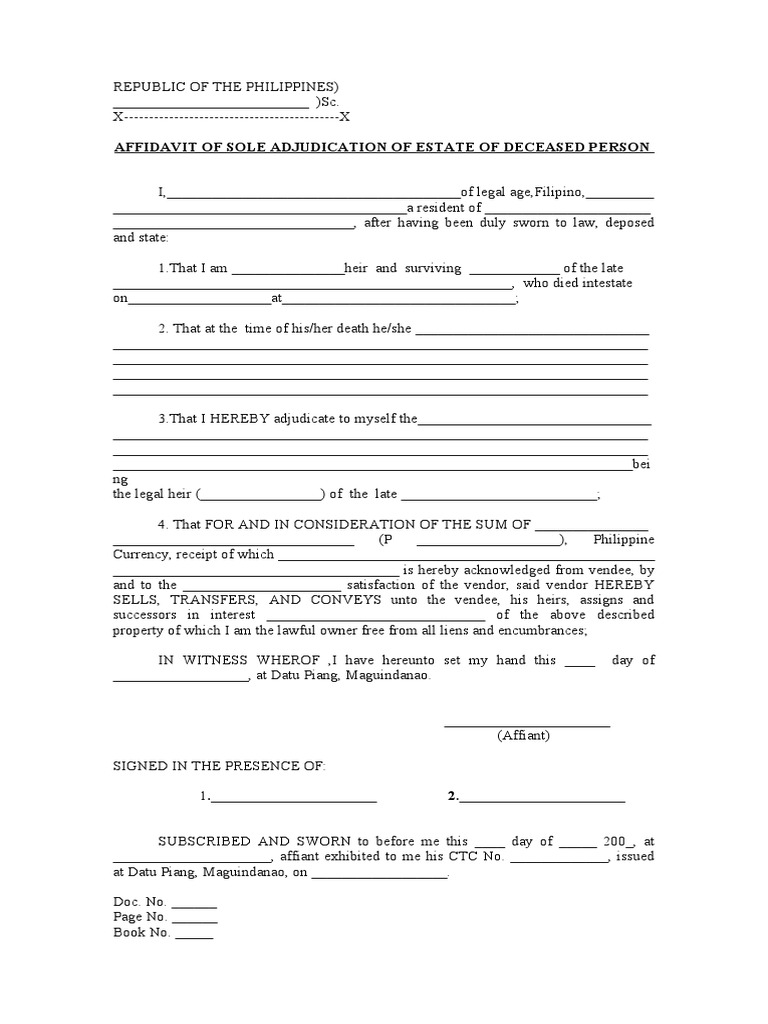 Sole Adjudication of Estate Affidavit | PDF