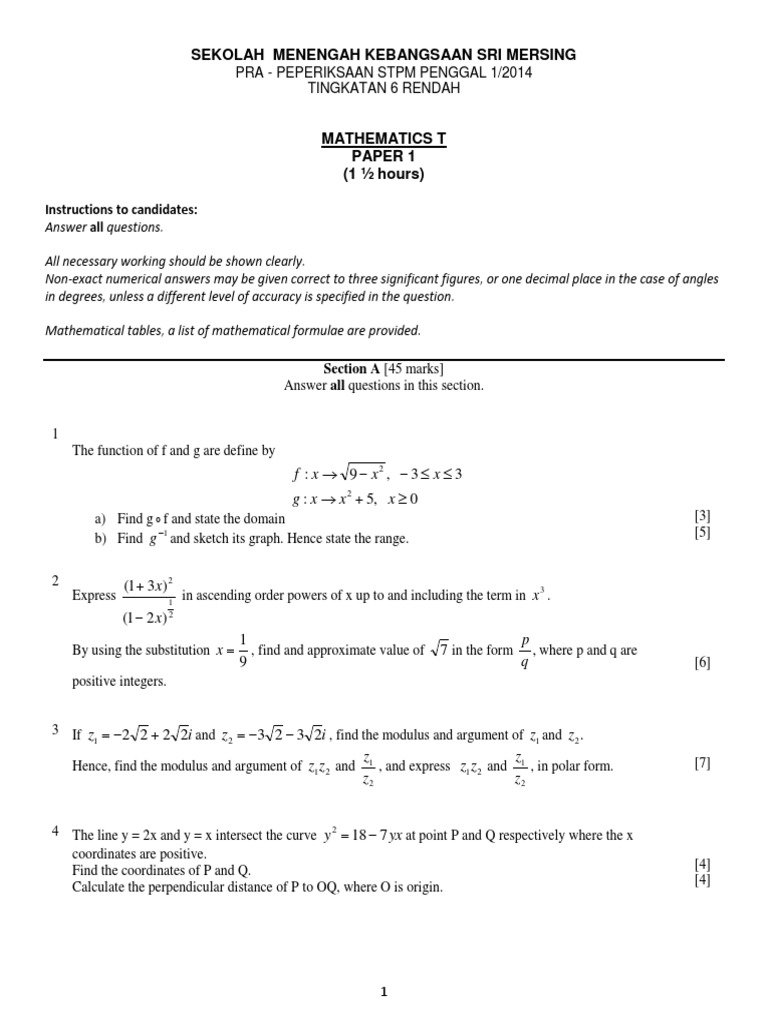 STPM Mathematics Paper 1 2014 Exam Guide | PDF | Matrix (Mathematics ...