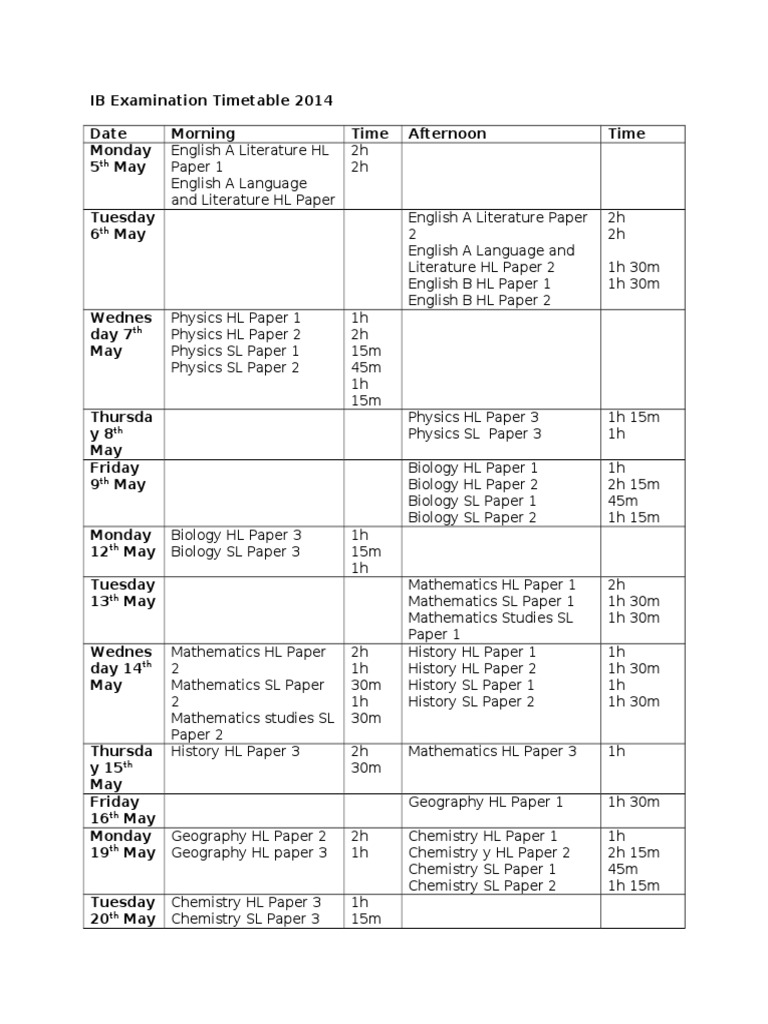 IB Exam Timetable 2014 Schedule | PDF