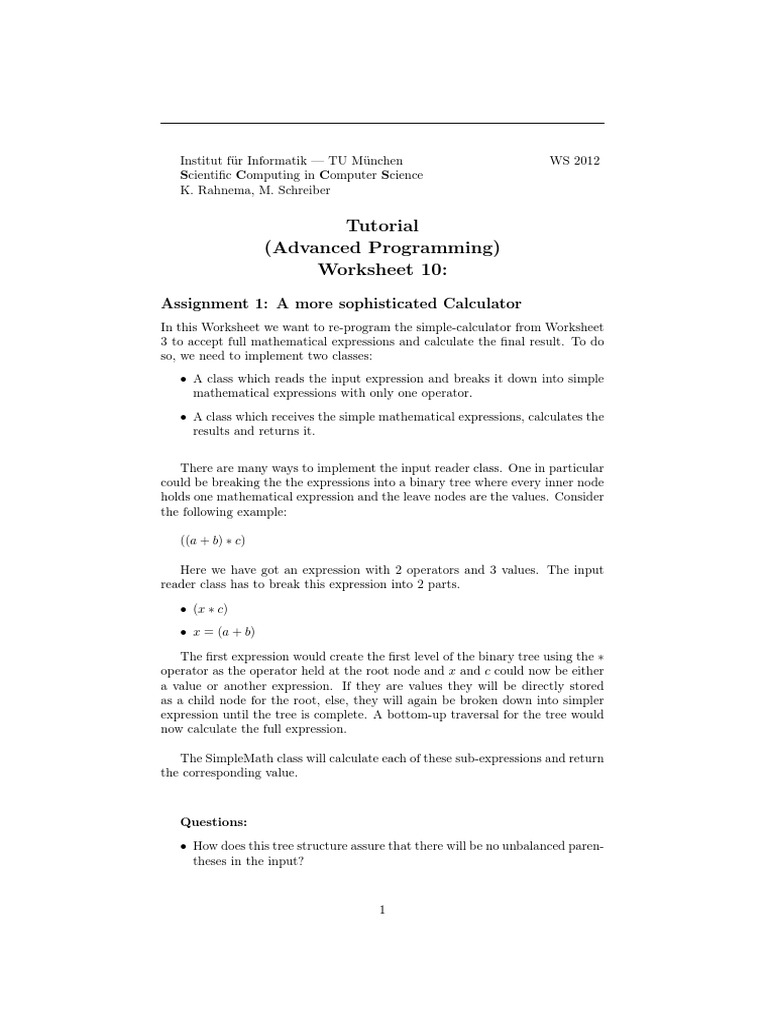 Tutorial (Advanced Programming) Worksheet 10:: Assignment 1: A More ...