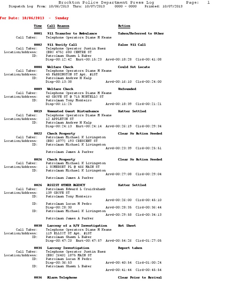 Brockton Police Dispatch Log 10/06/13 | PDF | Criminal Justice | Crime ...