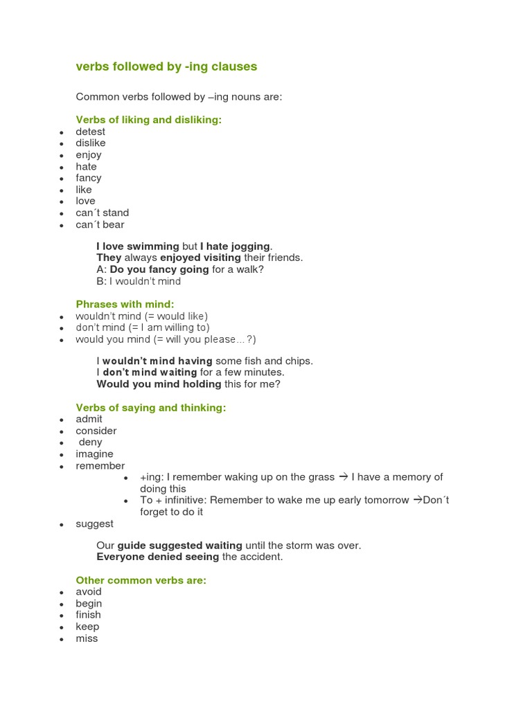 Verbs Followed by - Ing Clauses: Verbs of Liking and Disliking | PDF ...