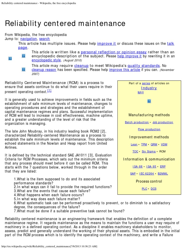 Reliability Centered Maintenance - Wikipedia, The Free Encyclopedia ...