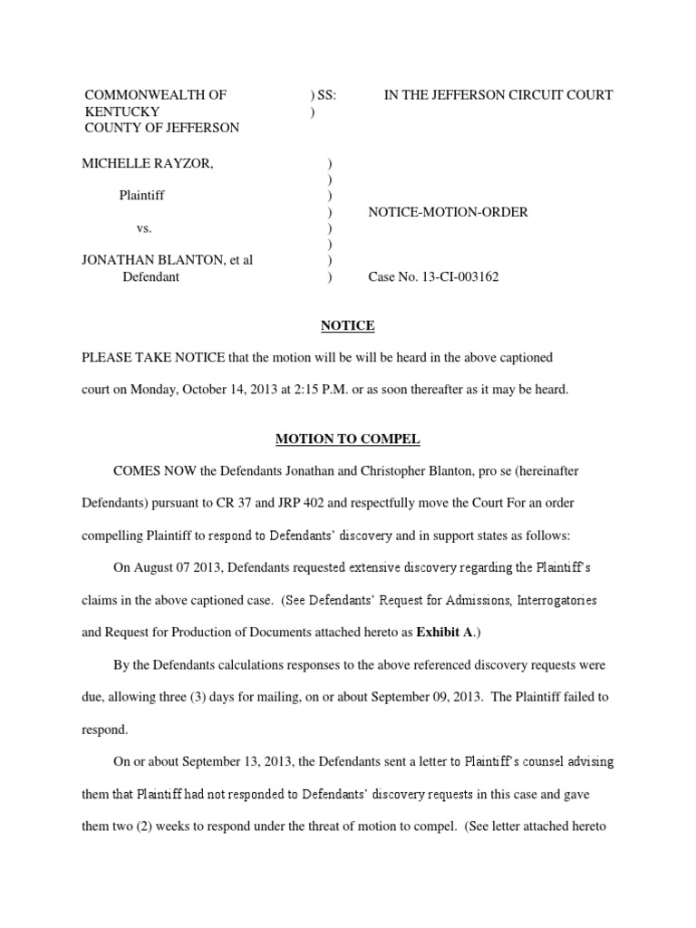 Motion To Compel | PDF | Motion To Compel | Discovery (Law)