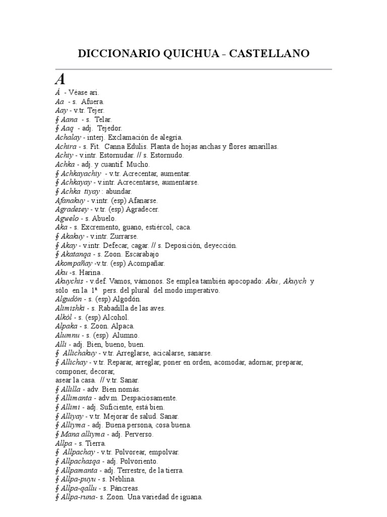 Diccionario Quichua Naturaleza Alimentos