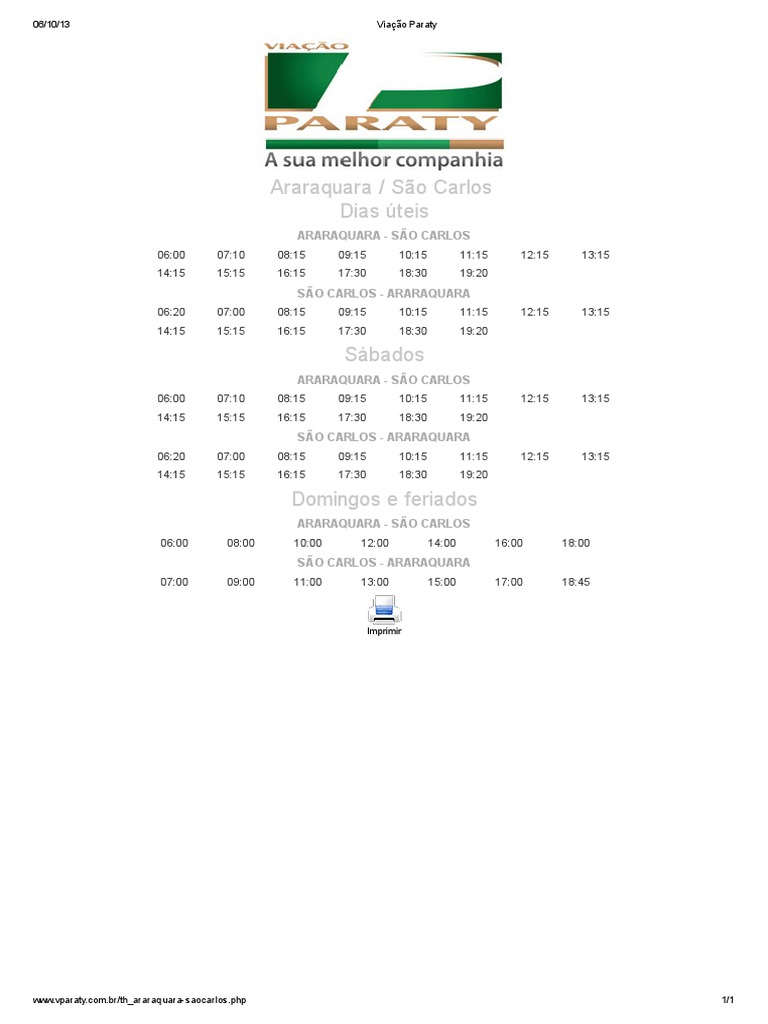 Horários de ônibus Suburbano São Carlos via Araraquara Viação Paraty