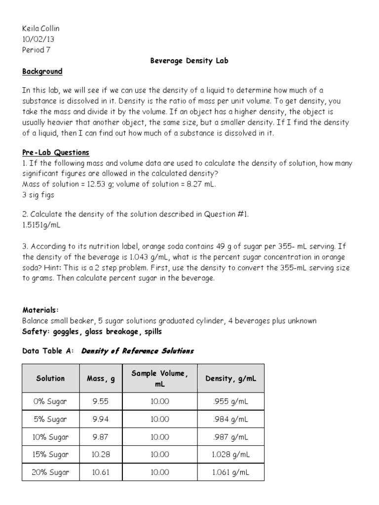 Beverage Density Lab 1 PDF Density Solution