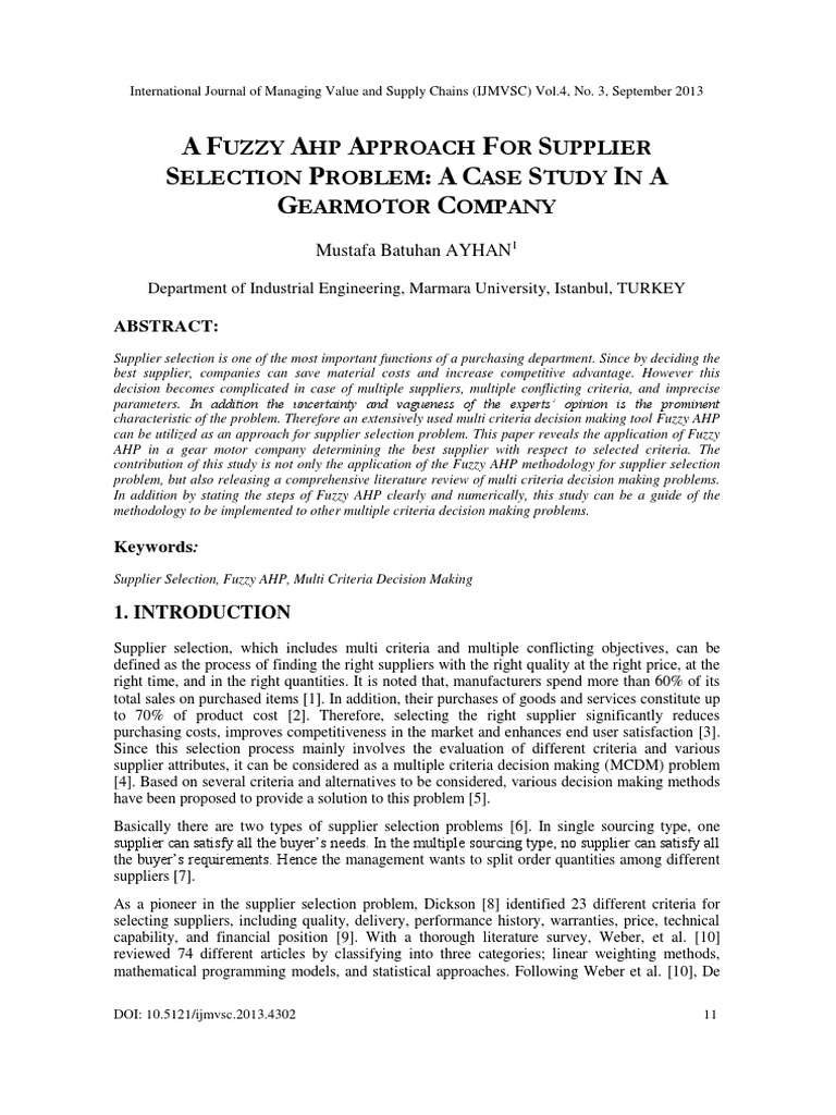 A Fuzzy Ahp Approach For Supplier Selection Problem A Case Study | PDF