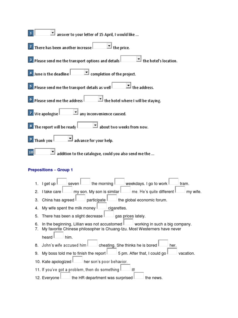 Prepositions - Group 1 | PDF