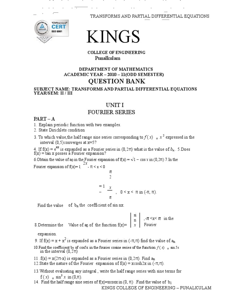 Partial Differential Question Bank | PDF | Fourier Series ...
