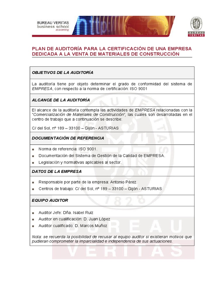 Plan de Auditoría ISO 9001 para Empresa | PDF | Contralor | Calidad ...